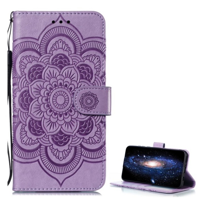 Gigapack mobiltelefon tok álló, bőr hatású, flip, oldalra nyíló, asztali tartó, kézpánt, virág, mandala, lila, kompatibilis: Samsung Galaxy A50s, SM-A507F, / Galaxy A30s, SM-A307F, / Galaxy A50, SM-A505F