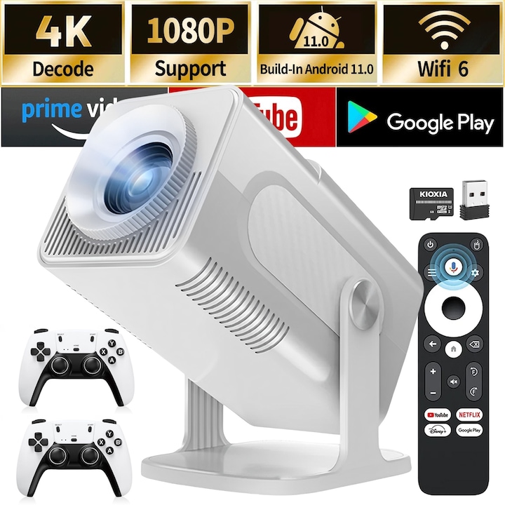 Преносим интелигентен LED видео проектор, BYONDSELF®, 4K 1080P, с 64G карта с памет, 2 безжични джойстика, електрически фокус, ротация на 180°, оборудван с Android 11, Wi-Fi 6, BT 5.4, огледален, бял
