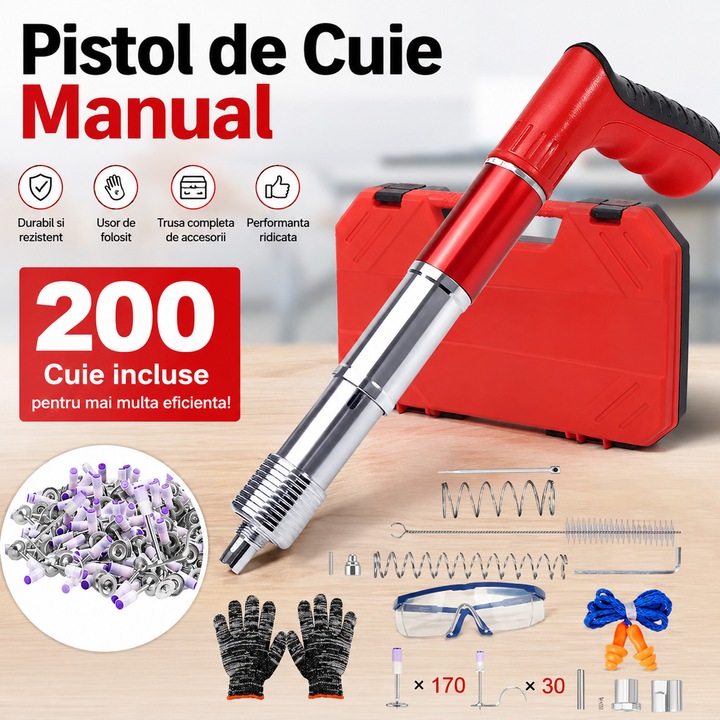 Pistol de Cuie Manual, BYONDSELF®, 200 Cuie, 5 Nivele de Putere, cu Dopuri, Manusi, Ochelari de Protectie, Unealta pentru Fixarea Cuielor si Suruburilor in Beton, Lemn, Fier, Pereti, Tavane, Podele