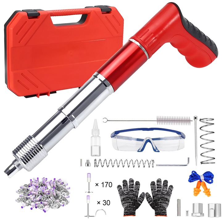 Pistol de Cuie Manual, BYONDSELF®, 200 Cuie, 5 Nivele de Putere, cu Dopuri, Manusi, Ochelari de Protectie, Unealta pentru Fixarea Cuielor si Suruburilor in Beton, Lemn, Fier, Pereti, Tavane, Podele