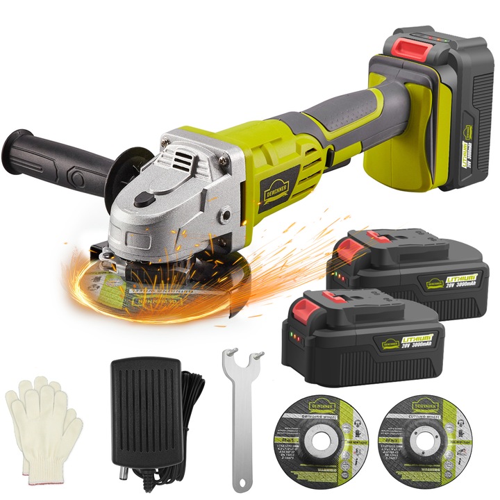 Polizor unghiular fara fir, DEWINNER, 2 Baterii, 3000mAh, 8500 RPM, 125mm, Maner auxiliar reglabil cu 2 pozitii, Ncarcator, Accesorii incluse