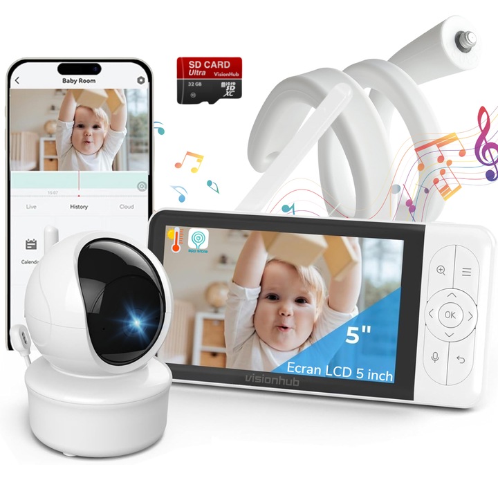 Бебефон VisionHub 2 в 1, WiFi, С приложение за телефон, Двупосочна комуникация, 5-инчов UltraHD 1080P екран, Нощно виждане, 355°/90° Ротация, Увеличение за наблюдение, 3000mAh, Известия при движение, Температура, Влажност