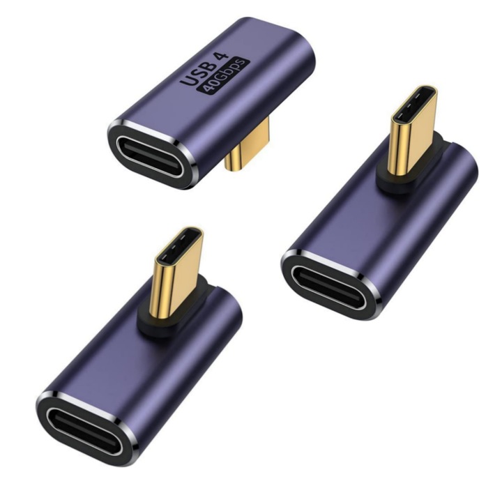 Set 3 adaptoare, L-Shape 90 degree, viteza de transfer de date de 40 gbps, USB catre Type C, Vanaxalife®, Mov