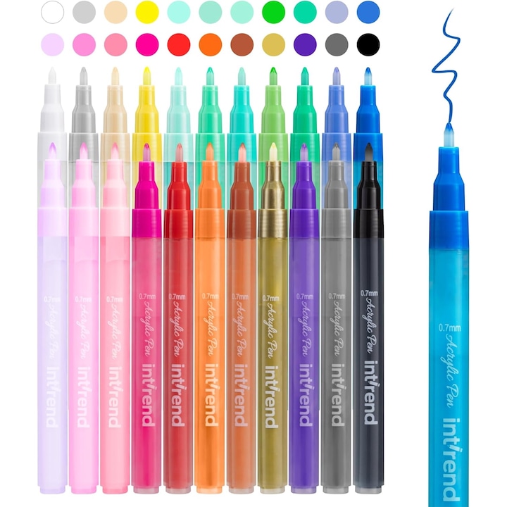 Set markere acrilice, Intrend, 22 culori, 0, 7mm, Rezistente la apa