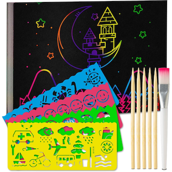 Set 55 planse razuibile cu efect curcubeu Tritart, 13 x 19 cm, Sablon, Creioane, Autocolante, Pensule, Negru