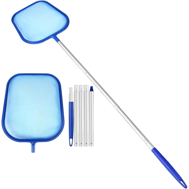 Felületi háló medence tisztításhoz, teleszkópos nyél, mzoLife®, alumínium, teleszkópos nyél, 160 cm, 5 db, Kék