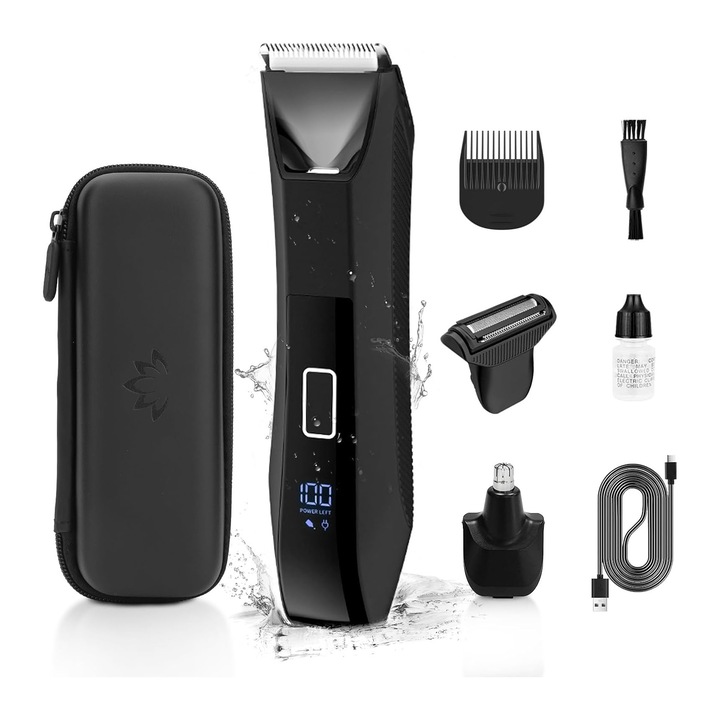 Masina de tuns si aparat de ras multifunctional PICASIO, All-IN-ONE, par, barba, nas, corporal, Baterie 600 mAh, Autonomie 120 minute, Rezistent la apa IPX7, USB, Putere 7200 rotatii/min, Afisaj LED, Lumina, Geanta depozitare, Negru