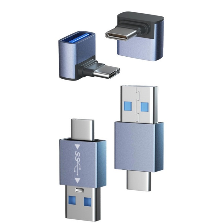 Комплект от 4 OTG адаптера с USB тип C към USB 3.1 щепсел, до 10Gbps бързо зареждане и трансфер на данни, алуминиев корпус, Vanaxalife®, сив