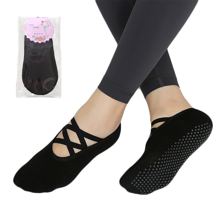 Sosete Yoga Antiderapante, Pentru Pilates, Balet, Dans, Fitness, Bumbac, Respirabil, Elasticitate Ridicata, Marime Universala, Negru