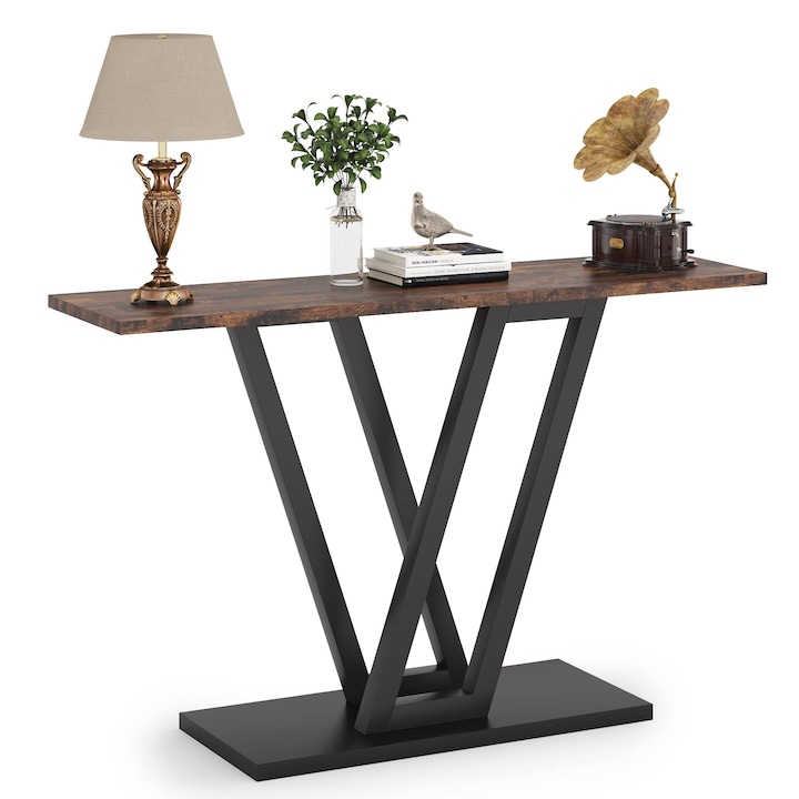 Masa console, Tribesigns, maro, 110x30x80cm, cadru metalic negru