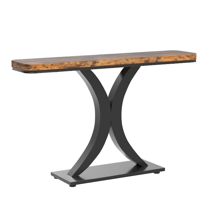 Mese console industrial, Tribesigns, baza metalica geometrica, 100*30*80cm, Negru maro