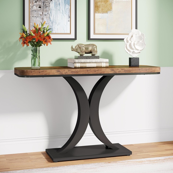 Mese console industrial, Tribesigns, baza metalica geometrica, 100*30*80cm, Negru maro