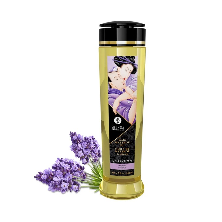 Ulei Masaj Erotic Natural Shunga, 100% Uleiuri Presate la Rece, Aromaterapie, Vitamina E, Fara Reziduuri Grase, Aroma de Lavanda, 240 ml