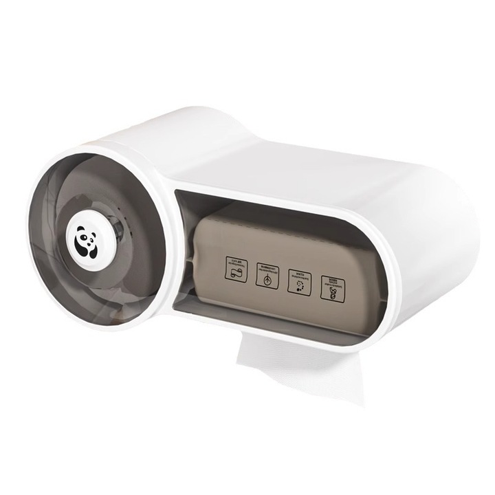 Suport de perete Multifunctional, Hartie Igienica/Servetele, Rezistent la apa, Port Dublu si spatiu depozitare suplimentar, Design Modern, 28.5x14x12.5cm, Alb