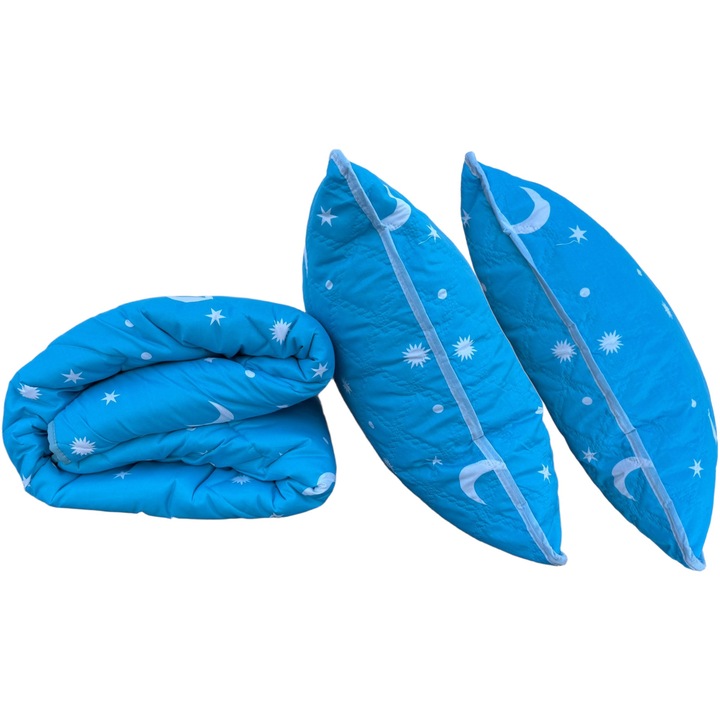 Пакет Капитонирана завивка 200х210 см и 2 възглавници 50х70 см, десен Луна и звезди, Син