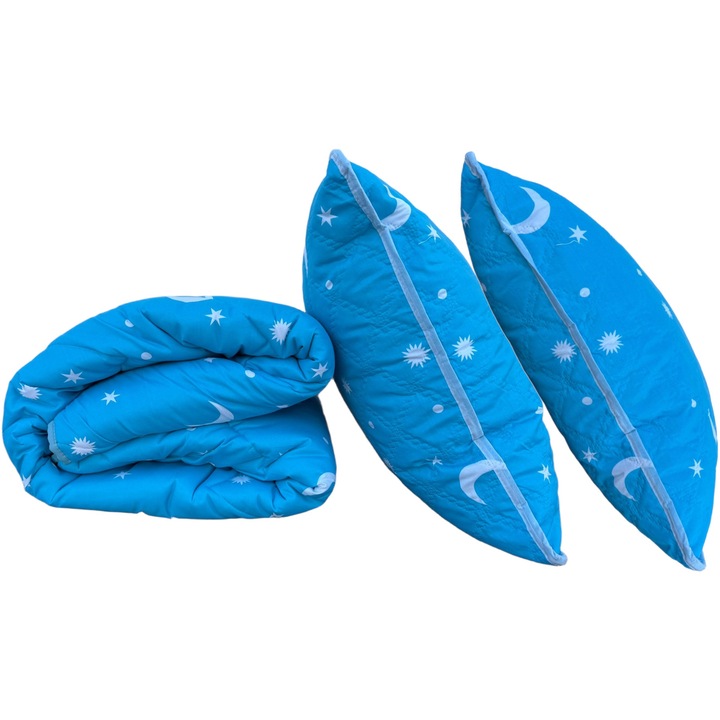 Pachet Pilota matlasata 160x200 cm si 2 perne 50x70 cm, model Luna si Stele, Bleu