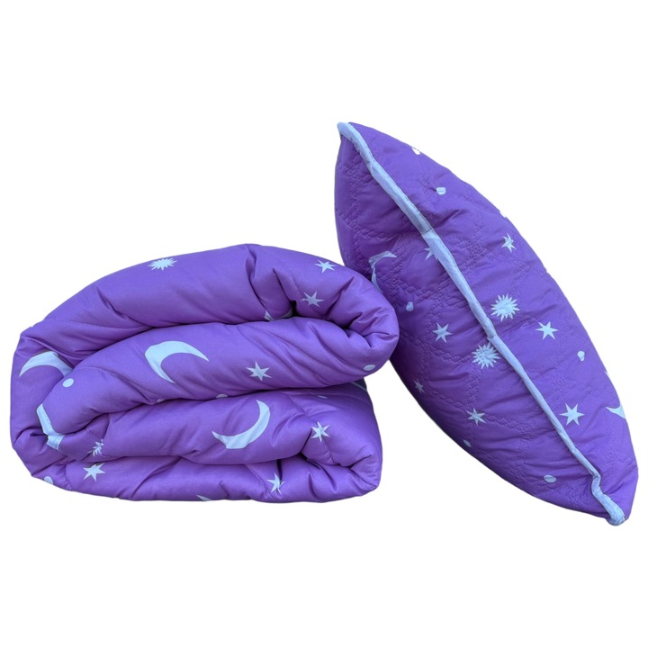 Pachet Pilota matlasata 140x200 cm si 1 perna 50x70 cm, model Stele si Luna, Mov