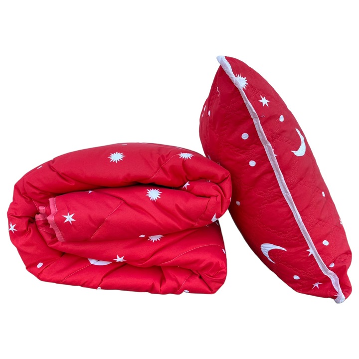 Csomag Steppelt paplan 140x200 cm és 1 párna 50x70 cm, Csillag és Hold minta, Piros