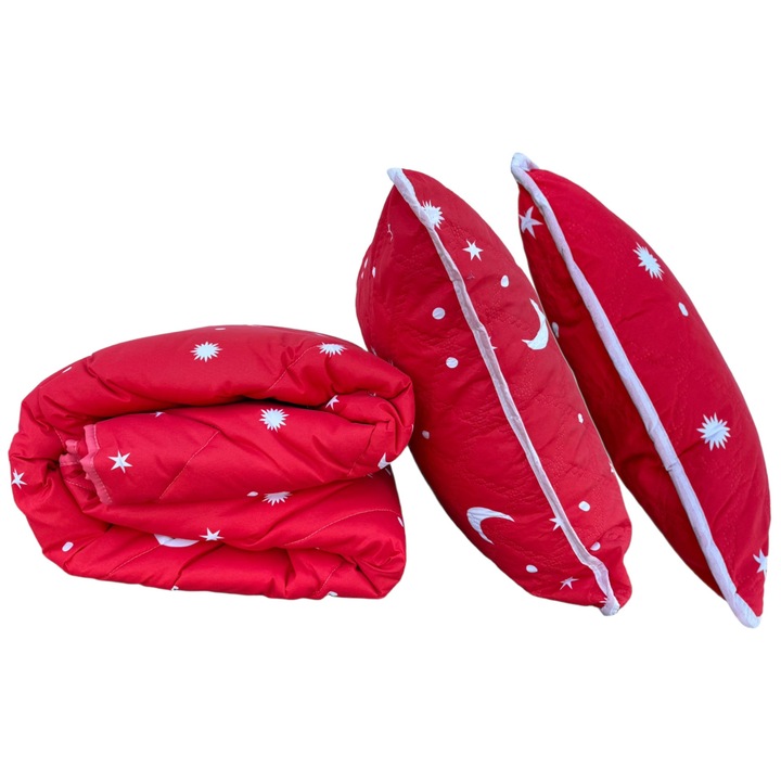 Пакет Капитонирана завивка 200х210 см и 2 възглавници 50х70 см, десен Луна и звезди, Червен