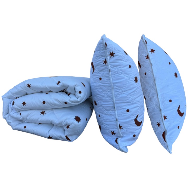 Csomag Steppelt paplan 160x200 cm és 2 párna 50x70 cm, Hold és Csillag mintás, Fehér