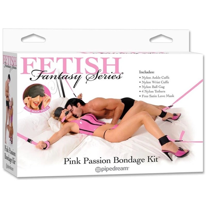 Set bondage Fetish Fantasy, catuse din nylon cu blana artificiala, roz