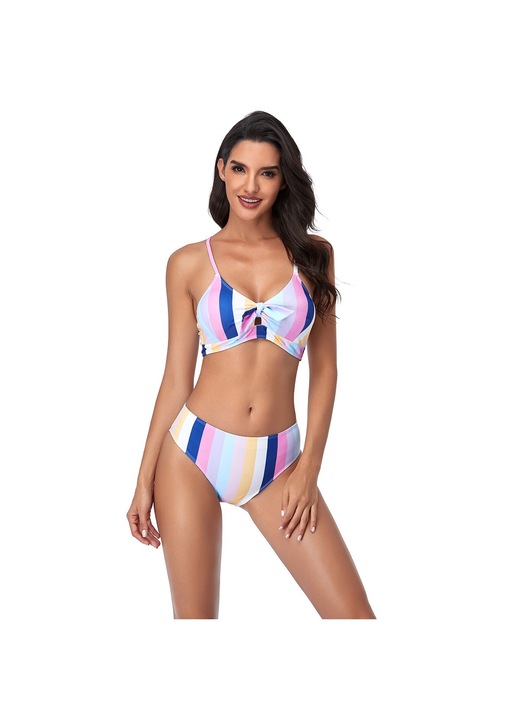 Costum de baie dama, 2 piese, slip brazilian talie inalta si sutien cu push-up, albastru si roz, marime S, Sexy, dungi, foarte elastic, confortabil de purtat