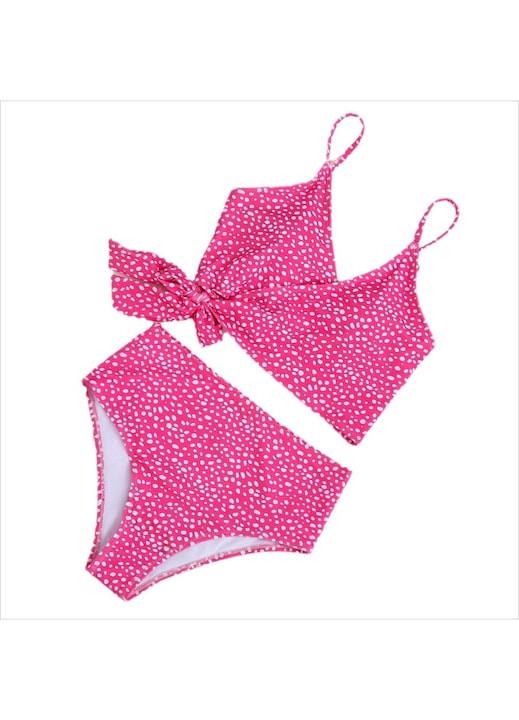 Дамски бански костюм, 2 части, модерен секси модел на точки и точки, елегантен сутиен тип бюстие и бикини с висока талия, полиестерен материал, висока еластичност и комфорт, дишащ и приятен за кожата, slim fit кройка, размер L, розов