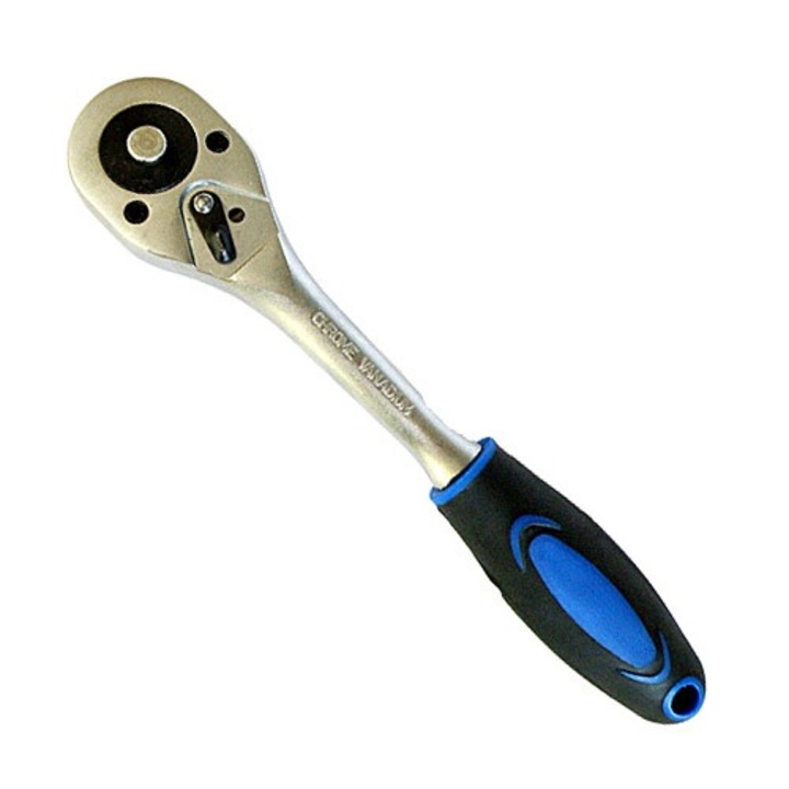 Cheie cu clichet 1/2'', Elmax, Otel crom-vanadiu, Lungime 15, 5 cm, Maner ergonomic din cauciuc, Argintiu, Pentru atelier si service