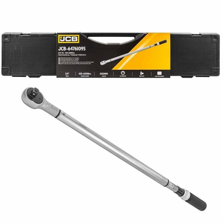 Cheie dinamometrica, JCB, Fara marca, 3/4", 100-600 nm, Otel crom-vanadiu, Maner antiderapant, Argintiu, Blocare de siguranta, Masurare bidirectionala a cuplului, Lungime 1010 mm, Geanta rezistenta la socuri