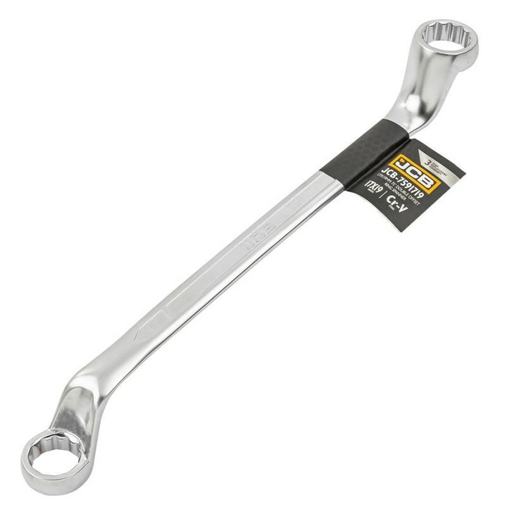 Гаечен ключ с огъната глава, JCB, без марка, 17x19 mm, хромованадиева стомана, сребро, 75 градусов завой, шестоъгълен тип, за професионалисти и ентусиасти „направи си сам“