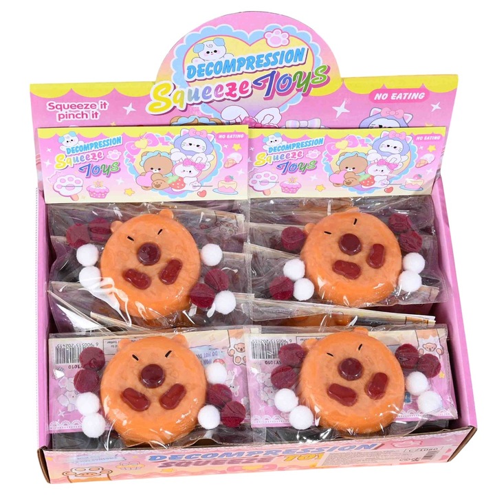 Set 12 Jucarii Antistres Squishy, cu Revenire Lenta, Squeeze Pinch Family, Forma de Biscuite Rotund, Model Capybara, 7x6.5 cm, 55g, Ambalaj Transparent, Maro
