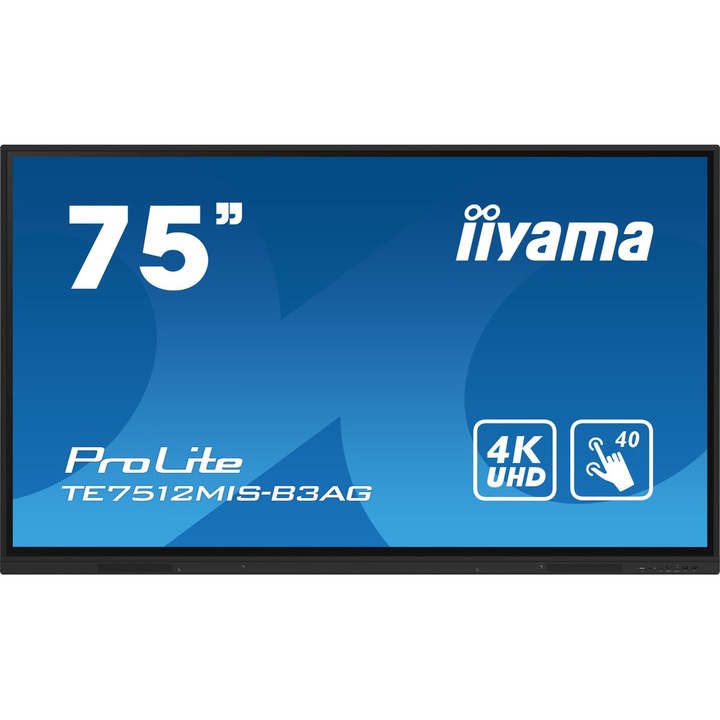 iiyama 75" ProLite TE7512MIS-B3AG IPS LED display 16:9, 3840x2160, 75", 4K, LED, IPS, 8ms, 1200:1, 400cd/m2, VGA, 3xHDMI, 4xUSB3.2, 1xUSB-C, Hangszóró, LAN, LFD, Érintőképernyő, fekete