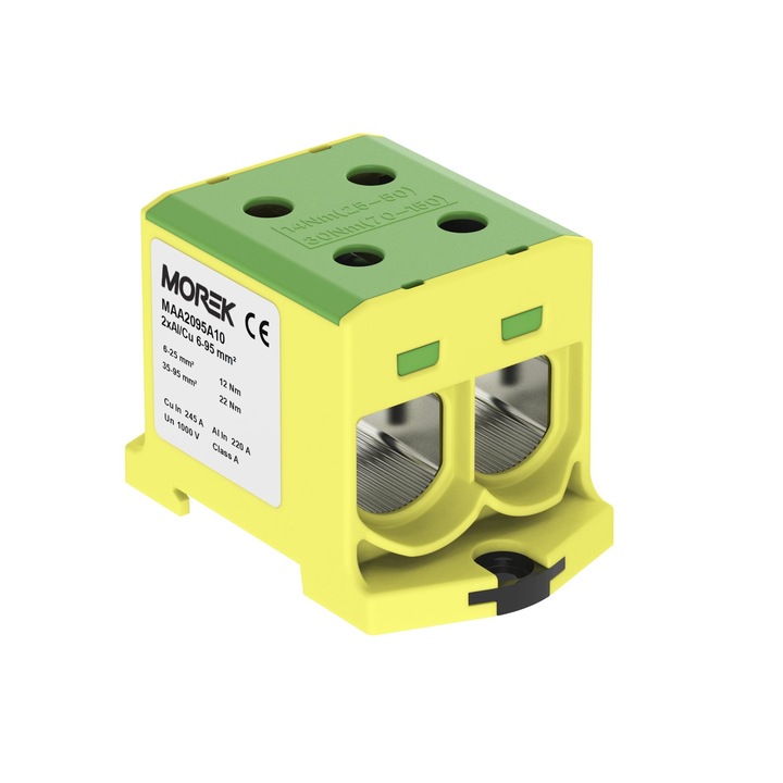 Síncsatlakozó, Otl, Maa2095P10, sárga-zöld, 2 x 6-95 mm, Al/Cu kábelekhez, 4 pin x ion, áram 245 A Cu, feszültség 1000 V, Ip 20, 35 mm-es Din sínre szerelhető