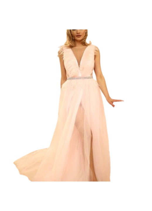 Rochie eleganta lunga de seara accesorizata cu pene Josephine - roz 38