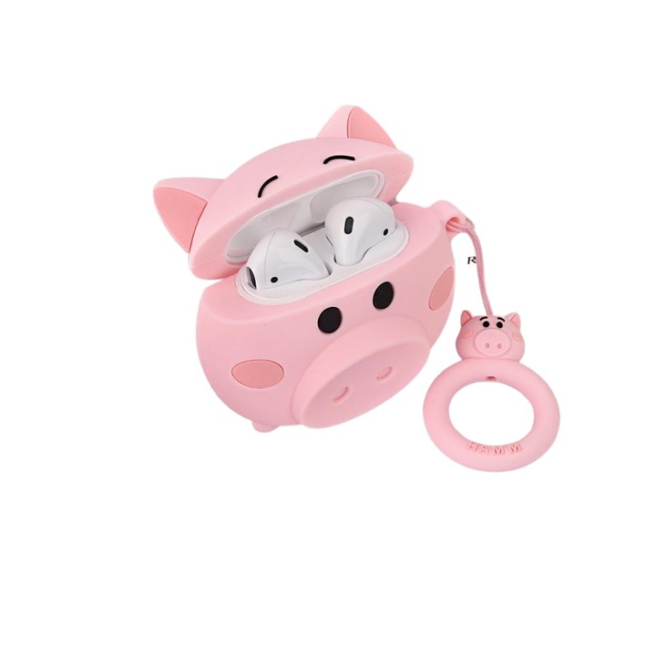 Husa pentru AirPods cu Inel Prindere Porc Roz