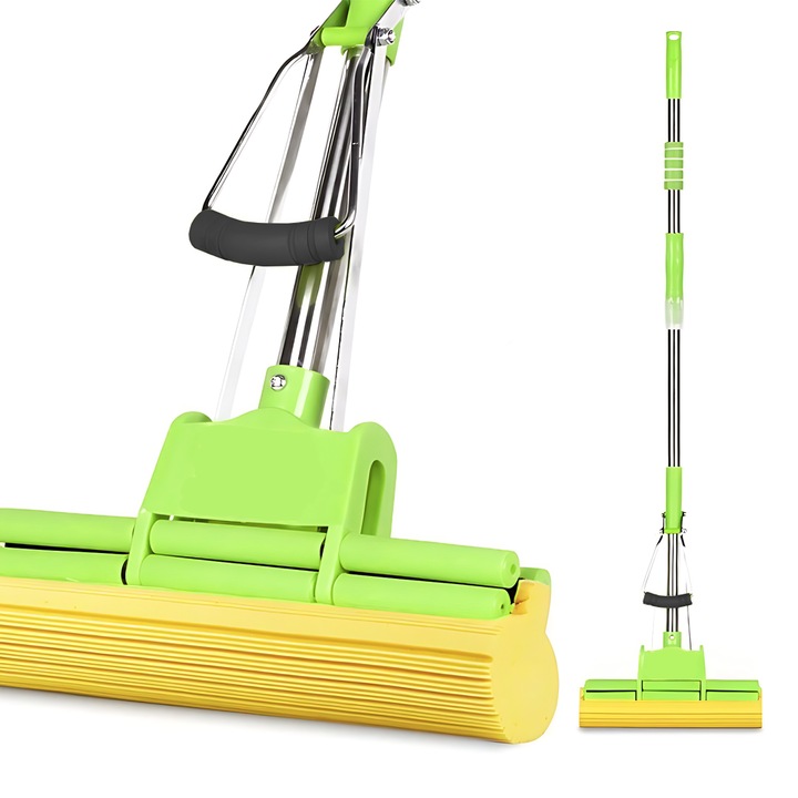 Mop cu PVA Teno®, sistem de stoarcere integrat, coada telescopica, laveta rezistenta, curatare usoara, absorbtie eficienta, captare a prafului, 120 cm, galben/verde
