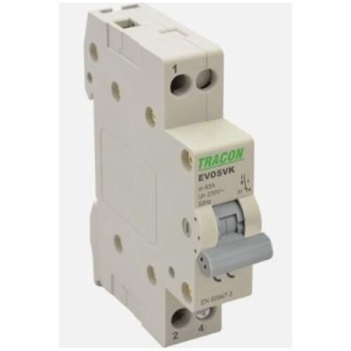 Hálózati kapcsoló - moduláris egység, Svk1-63, 1P, 63A, 240/400 V AC, Ip40, Sínre szerelhető 35 x 7,5 mm, -25 - +55 °C, 1 x Felhasználói kézikönyv