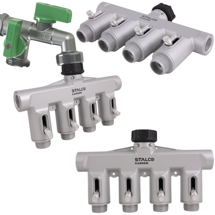 Separator de apa pentru robinet, Aluminiu, 3/4", Argintiu, Patru valve independente, Rezistent la radiatii uv, Compatibil cu sisteme de irigatie