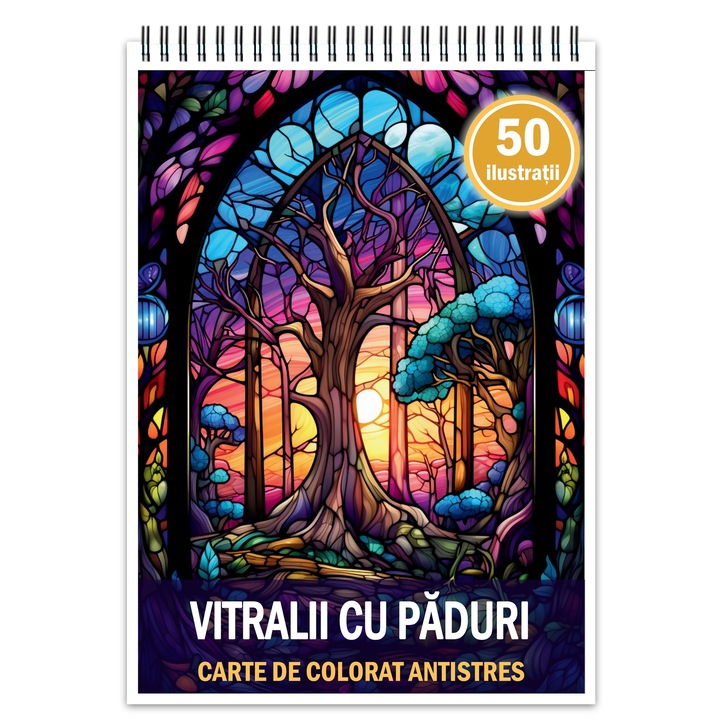 Книга антистрес за оцветяване, 50 илюстрации Витражи с гори, 106 стр., Формат: A5, Издателство Cadouri Legendare