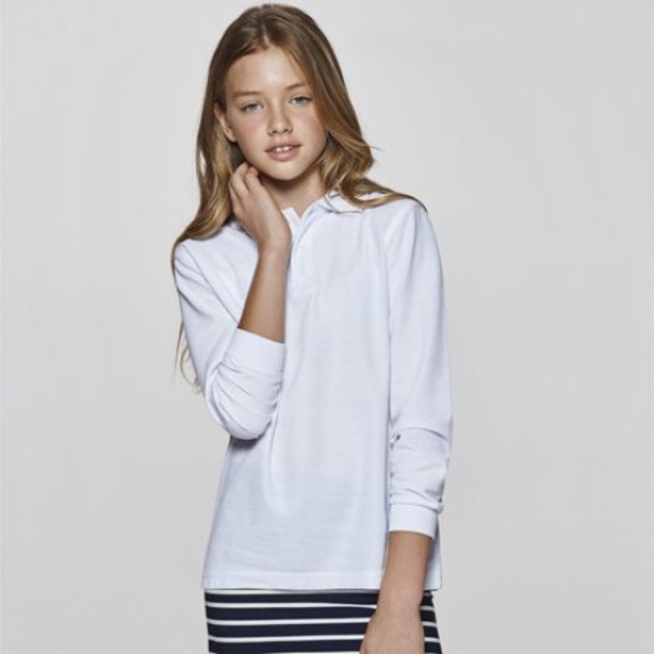 Bluza copii, Polo Tip Pique, Casual, Maneca Lunga, Croiala Lejera, 100% Bumbac, Alb