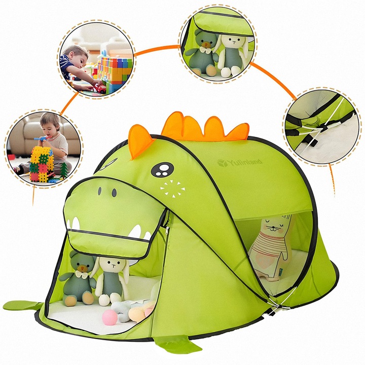 Cort de joaca pentru copii pliabil, Yulinland®, dinozauri, perdea moale, plasa pentru ventilare, cadru rezistent, pentru interior si exterior, Verde