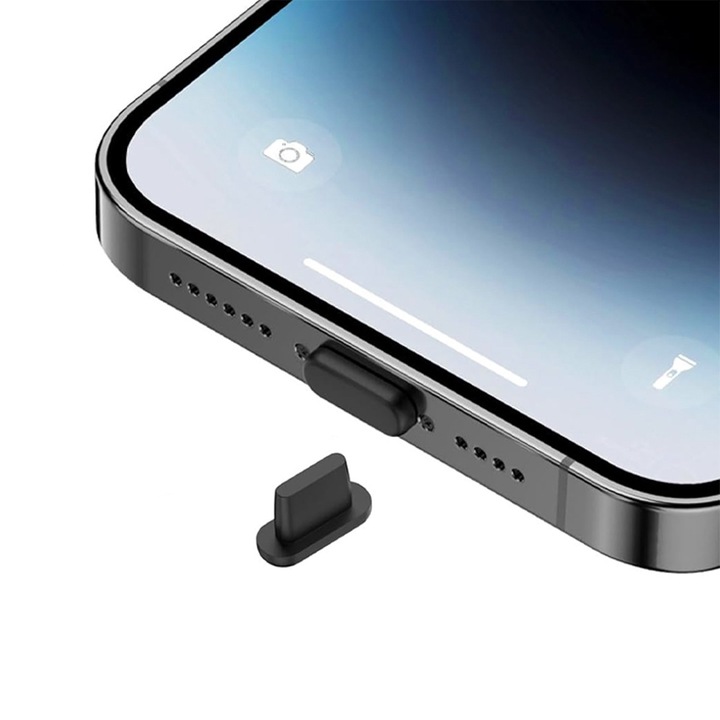 Porvédő dugó C típusú porthoz, OPTIM MEGOLDÁS, USB-C, Porálló, Folyékony, Szilikon porálló dugó, Tartós, Könnyen behelyezhető, Porvédő, Praktikus méret, Fekete
