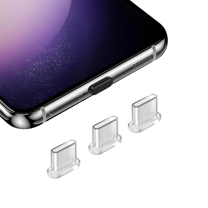 Set 3 bucati Dop Anti-praf pentru Port Type C, OPTIM SOLUTION, USB-C, Rezistente la Praf, Lichide, Silicone Anti-dust Plug, Durabile, Easy to Insert, Capac de Praf, Dimensiune Practica, Transparent