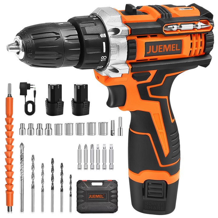 Бормашина и винтоверт, Juemel, M6001, 12V, 35Nm, 2 скорости 400/1350 RPM, с LED, 10 мм безключов патронник, 18+1, пластмасова кутия, оранжево/черно