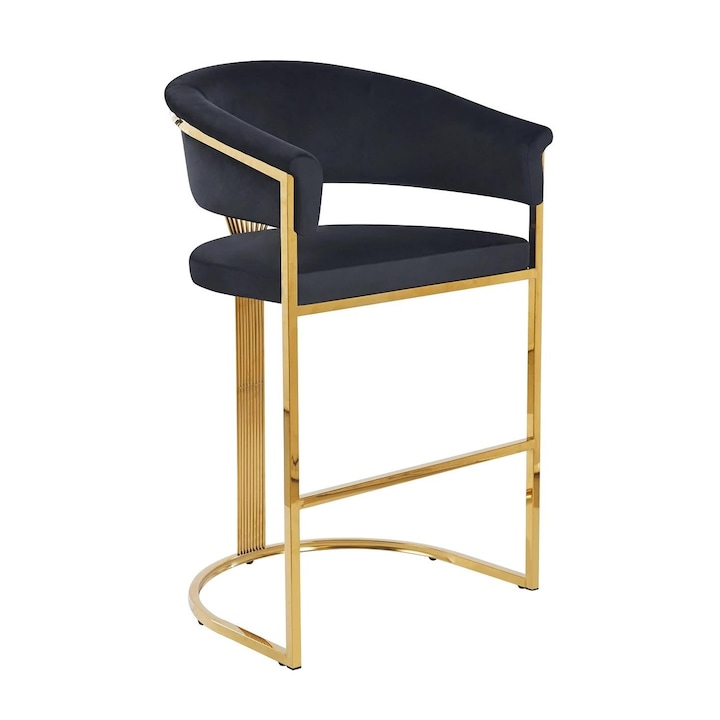 Scaun bar, cadru metalic auriu, catifea, Negru/Auriu