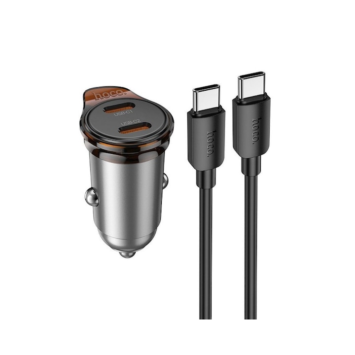 Set Incarcator Auto Super Puternic si Compact Hoco, Putere 45W, Dubla Iesire 2X Usb -C, Cablu Usb-C Inclus, NZ16B
