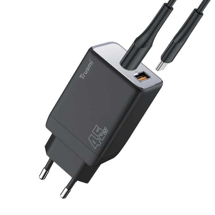 Set Incarcator Retea/Priza mini TRUSMI CH06-050 Incarcare Rapida max 45W, 1x USB-A, 1x USB-C, cu Cablu USB-C la USB-C de max 60W, Compatibilitate Universala, Multiple Protectii, Negru