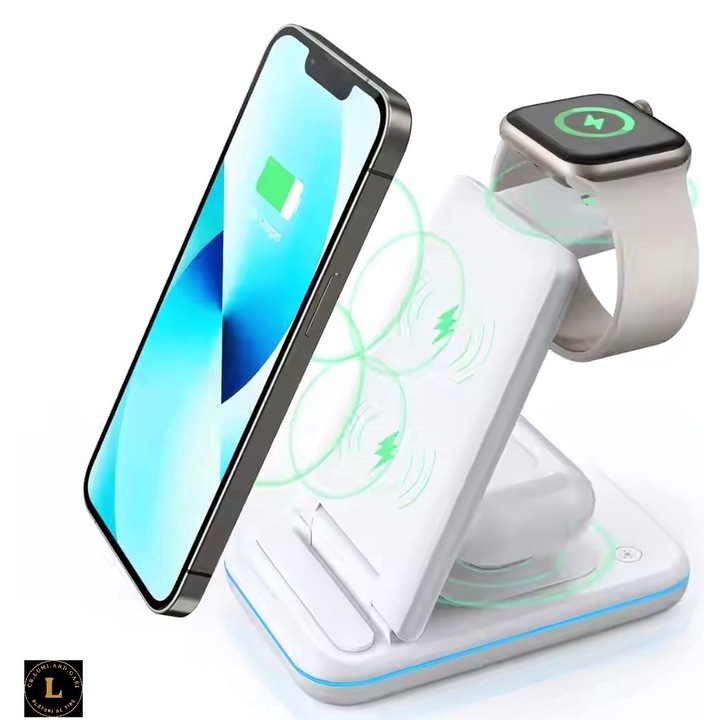 Incarcator Wireless Pliabil 3 in 1, iPhone, AppleWatch, AirPods, Wireless, Fast Charge 15W, lumina ambientala LED, culoare Alba. Foarte Util Atit Acasa Cit Si La Birou