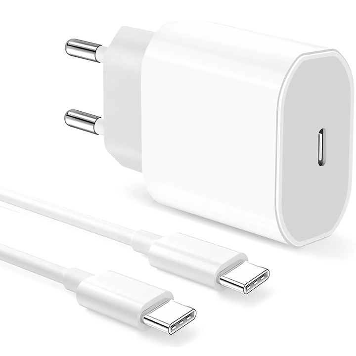 Комплект Мрежово Зарядно Bervolo® USB-C + 1M Кабел, Съвместимо с iPhone 15/16, Samsung, Huawei, Google Pixel, Oppo, Бързо Зареждане 20W, Адаптер Super Fast Charge, Пътнически Пакет, Бял
