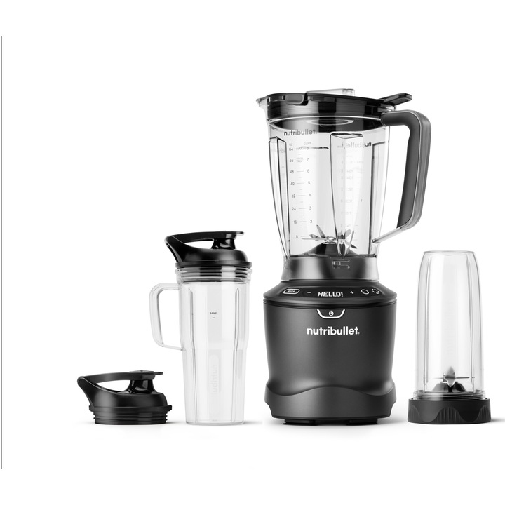 Блендер Nutribullet Smart Sense 1500 Combo, NBF550DG, 1500 W, 5 скорости, Интелигентна адаптация на скоростта и функция Pulse, 1800 мл буркан, 700 мл пътна чаша с дръжка, 900 мл чаша, Тъмносив